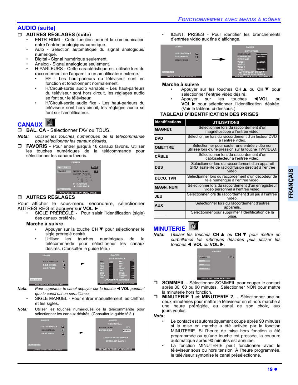 Canaux, Minuterie, Françai s | Audio (suite), 19 z, Autres réglages (suite), Bal. ca - sélectionner fav ou tous, Favoris, Marche à suivre, Sommeil | Panasonic CT 36HL44 User Manual | Page 77 / 96