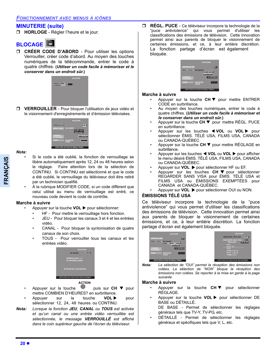 Blocage, Françai s, Minuterie (suite) | 20 z, Horloge - régler l’heure et le jour, Verrouiller, Marche à suivre, Régl. puce, La fonction partage d’écran est également bloquée | Panasonic CT 36HL44 User Manual | Page 78 / 96