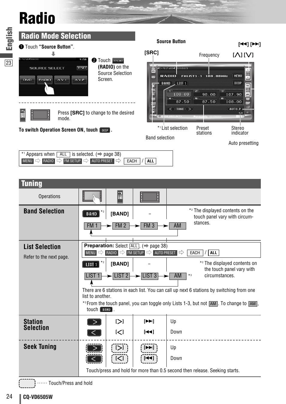 Radio, English, Tuning | Radio mode selection, Band selection list selection, Station selection seek tuning | Panasonic CQ-VD6505W User Manual | Page 24 / 94