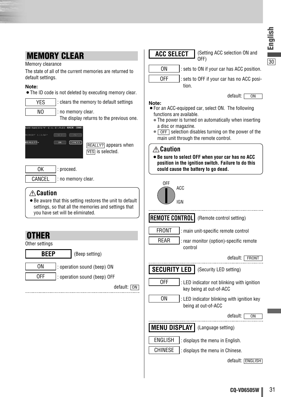 Other, English, Beep | Menu display, Security led, Remote control, Acc select caution, Caution | Panasonic CQ-VD6505W User Manual | Page 31 / 94