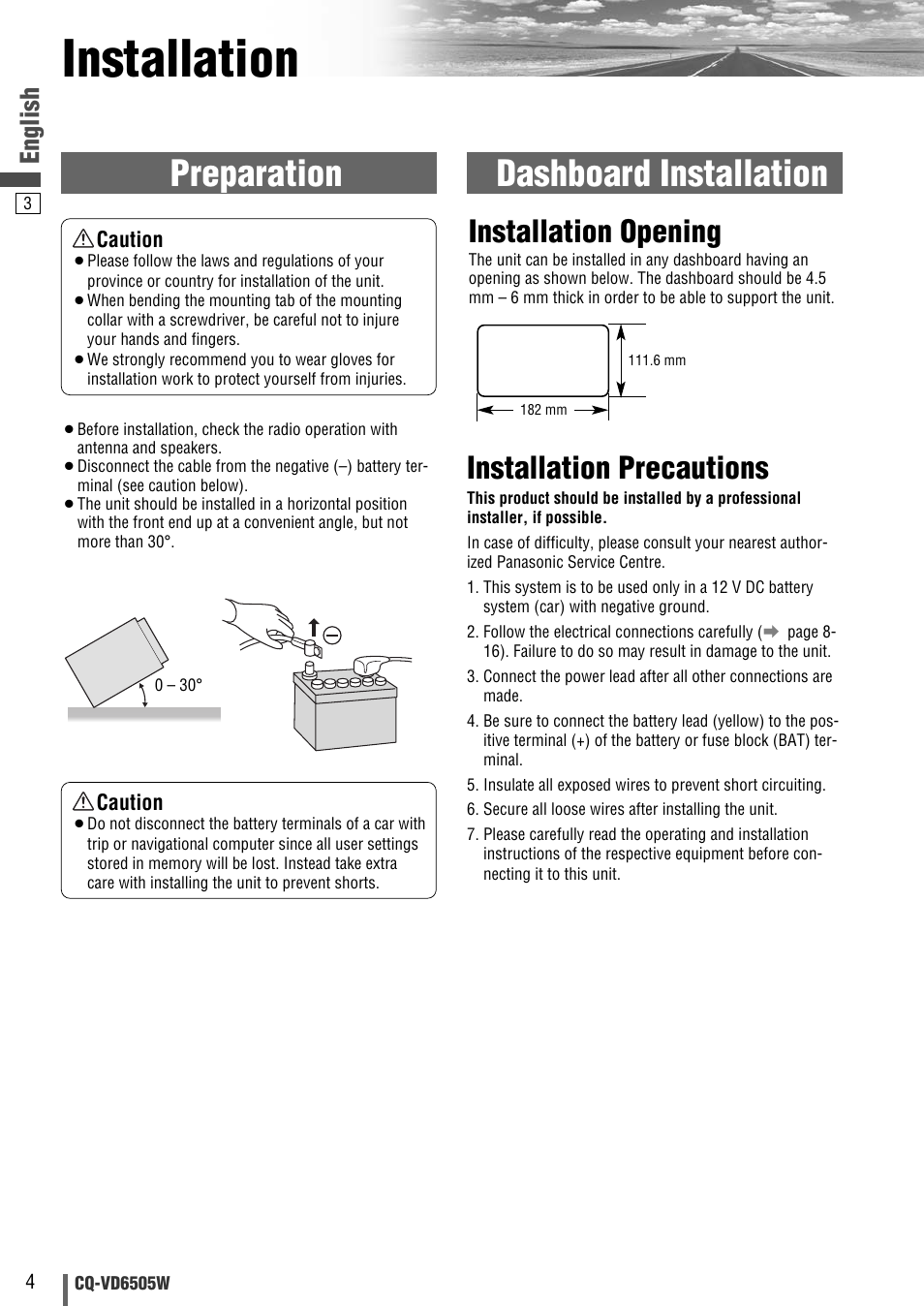 Installation, Preparation dashboard installation, Installation opening | Installation precautions, English | Panasonic CQ-VD6505W User Manual | Page 56 / 94