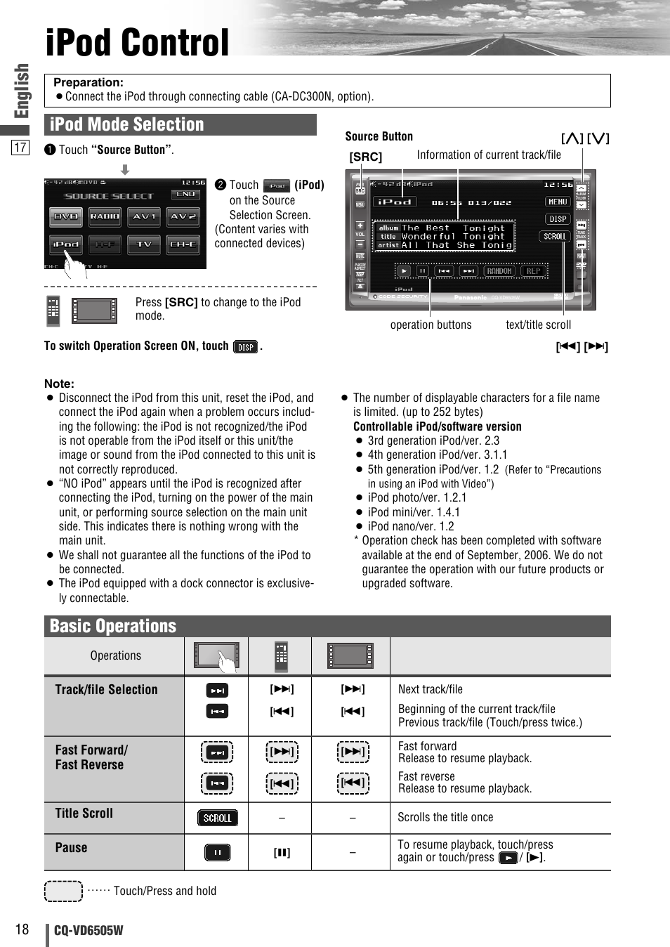 Ipod control, English, Basic operations | Ipod mode selection | Panasonic CQ-VD6505W User Manual | Page 88 / 94