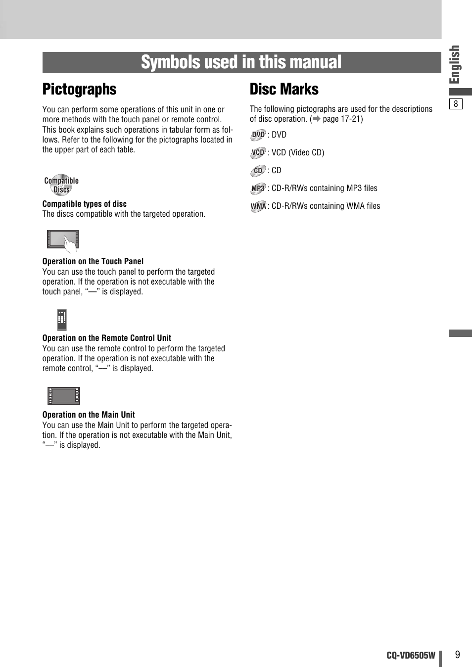Symbols used in this manual, Pictographs, Disc marks | English | Panasonic CQ-VD6505W User Manual | Page 9 / 94
