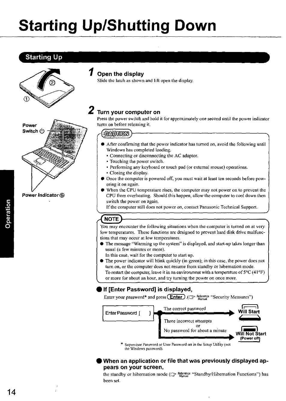 Starting up, Open the display, Turn your computer on | If [enter password] is displayed, Starting up/shutting down | Panasonic TOUGHBOOK CF-50 User Manual | Page 14 / 40