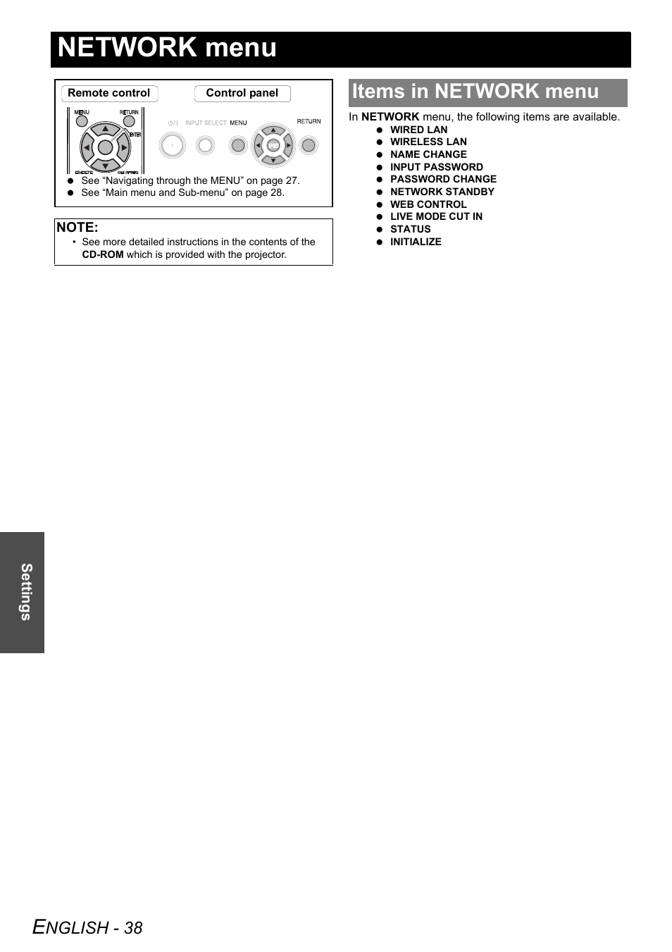 Network menu, Items in network menu, Nglish - 38 | Settings | Panasonic FW100NTU User Manual | Page 38 / 62