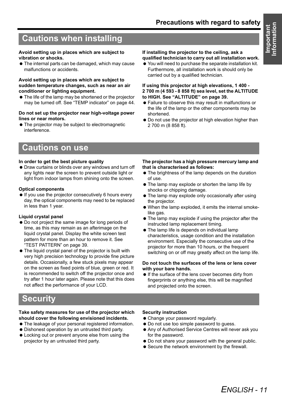 Cautions when installing, Cautions on use, Security | Cautions when installing cautions on use security, Nglish - 11, Precautions with regard to safety, Important information | Panasonic PT-LW80NTE User Manual | Page 11 / 58