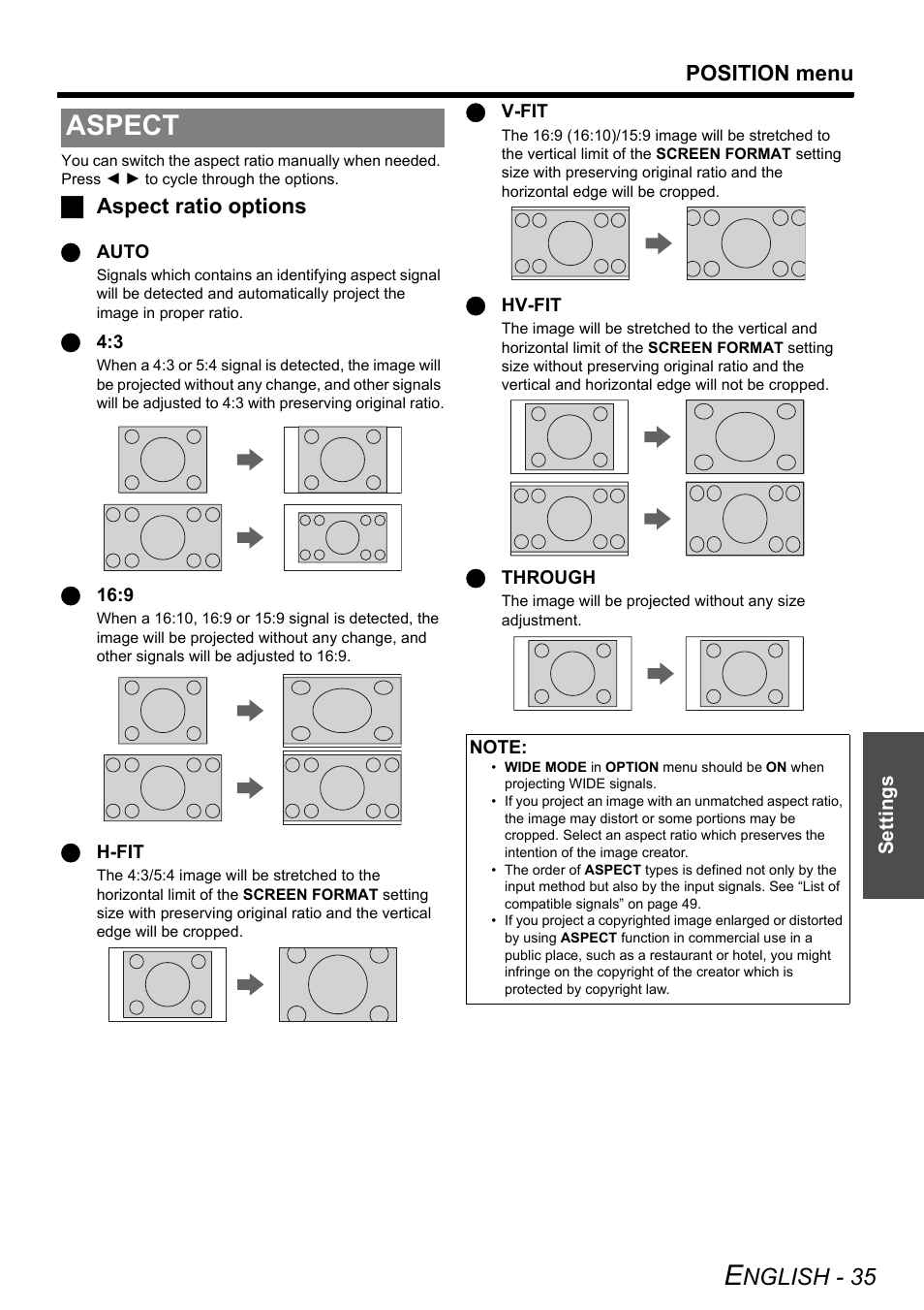 Aspect, Nglish - 35, Position menu | Jaspect ratio options | Panasonic PT-LW80NTE User Manual | Page 35 / 58