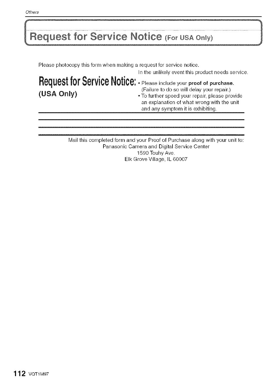 Request for service notice, Request for serwice notice | Panasonic DMC-FS5 User Manual | Page 112 / 120