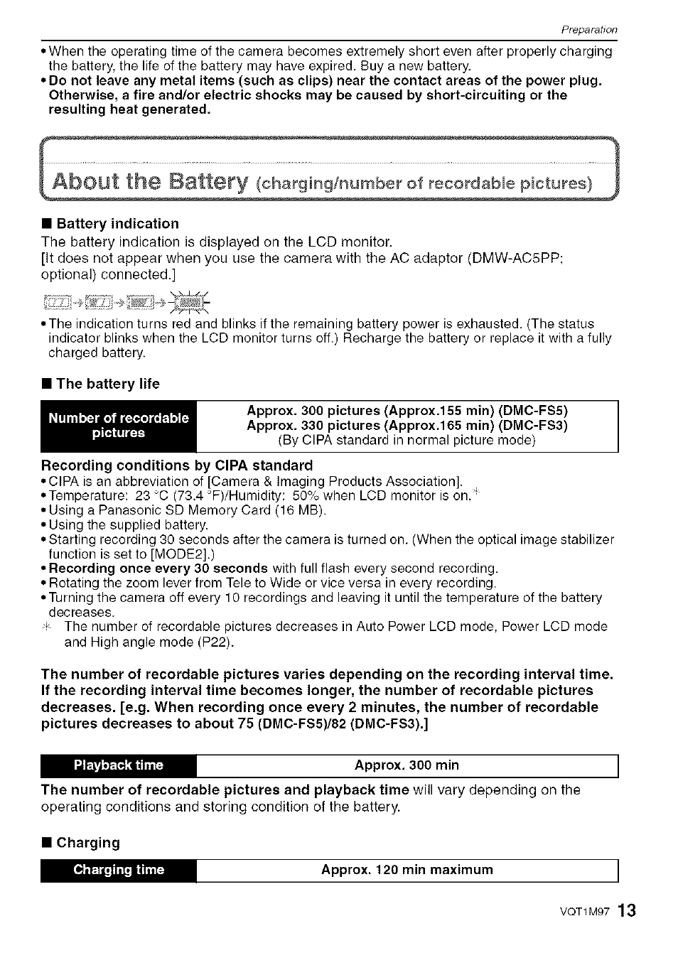 Chargirig/riumber of recordable pictures | Panasonic DMC-FS5 User Manual | Page 13 / 120