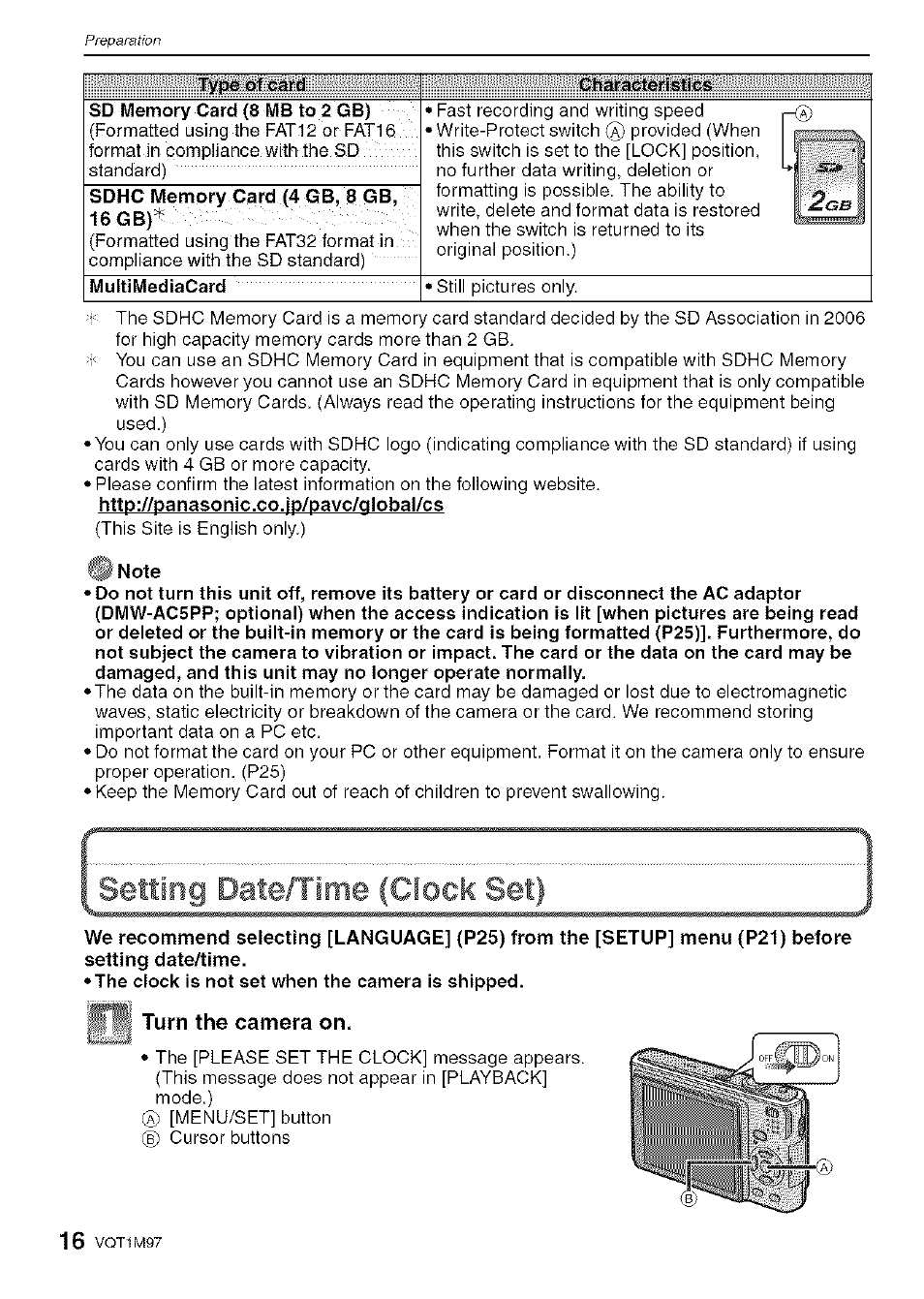 Setting date/time {clock set) | Panasonic DMC-FS5 User Manual | Page 16 / 120