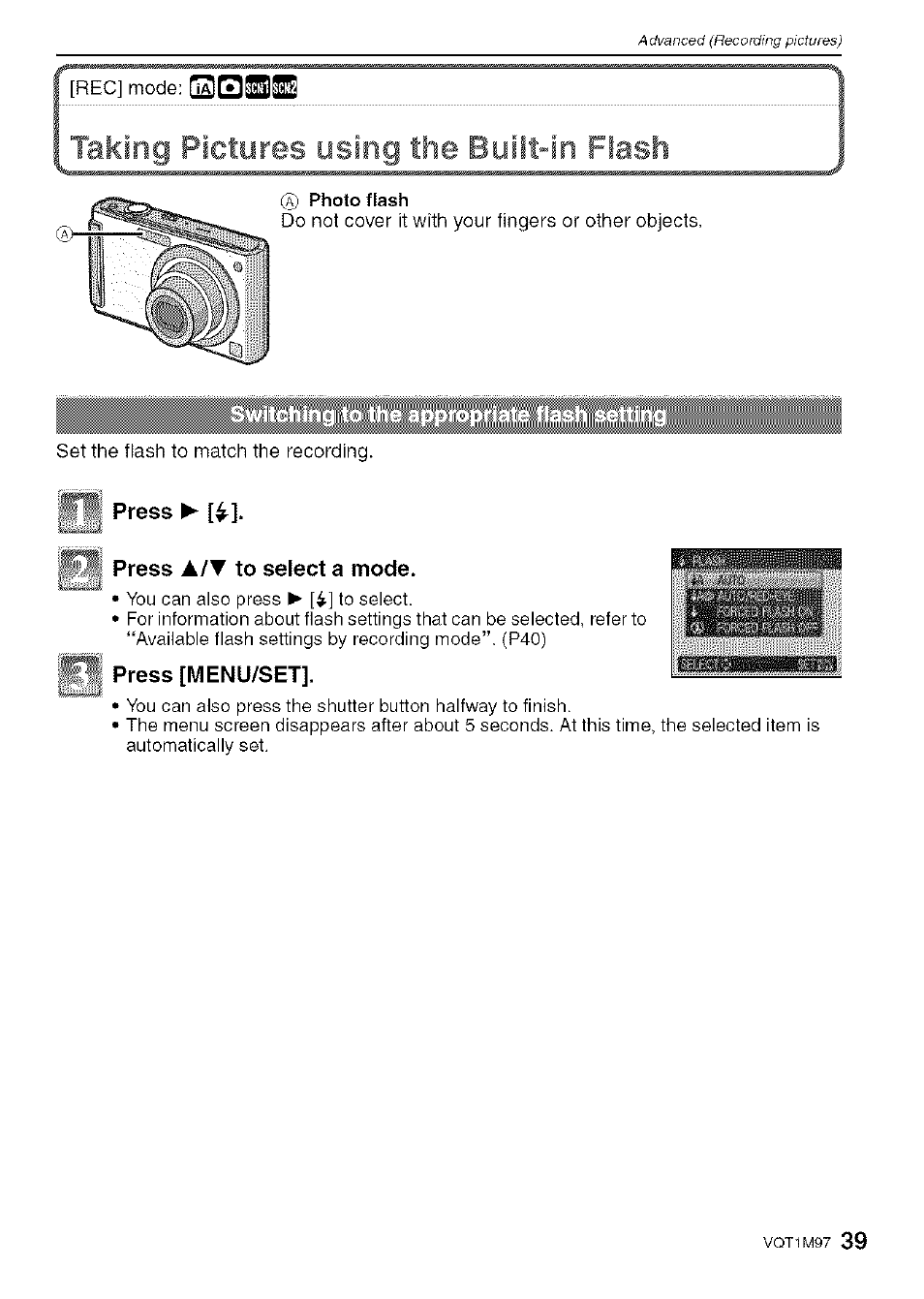 Taking pictures using the built-in flash | Panasonic DMC-FS5 User Manual | Page 39 / 120