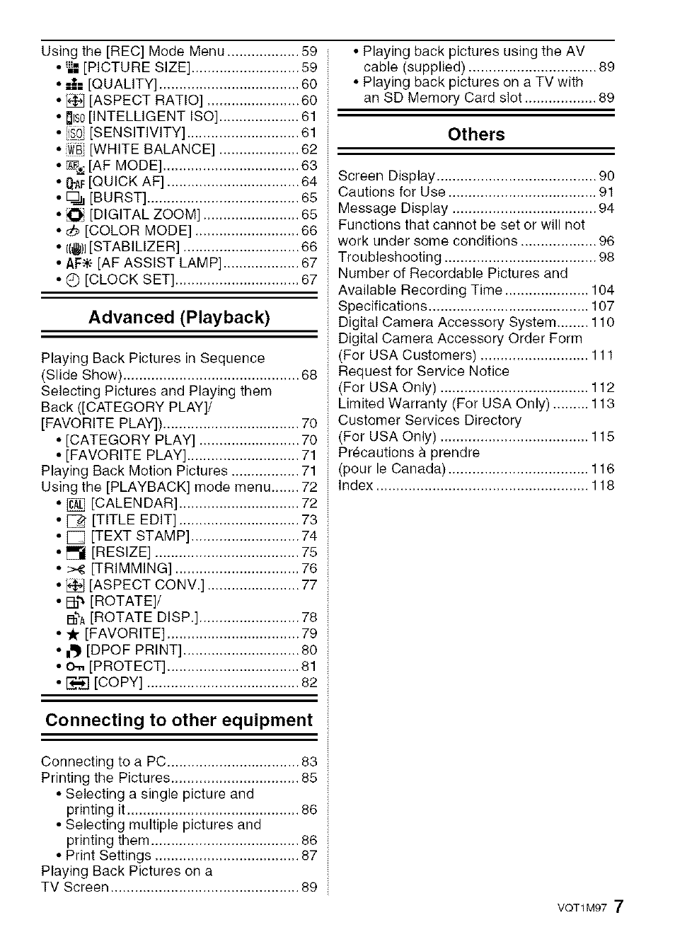 Advanced (playback), Connecting to other equipment, Others | Panasonic DMC-FS5 User Manual | Page 7 / 120
