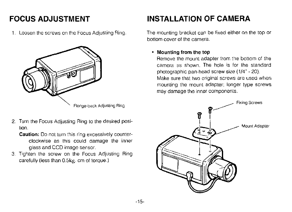 Focus adjustment, Installation of camera, Focus adjustment installation of camera | Panasonic WV-CP120 User Manual | Page 17 / 23