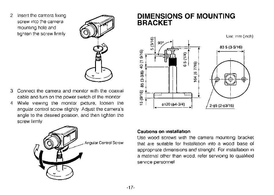 Dimensions of mounting bracket | Panasonic WV-CP120 User Manual | Page 19 / 23