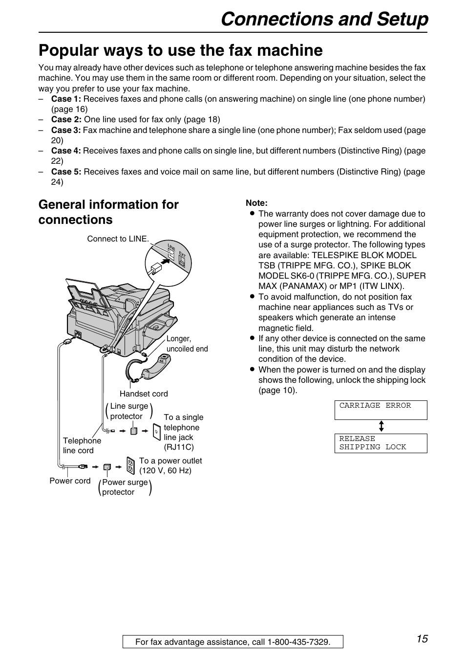 Connections and setup, Popular ways to use the fax machine, General information for connections | Panasonic KX-FB421 User Manual | Page 15 / 92
