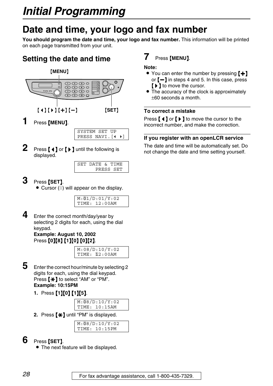 Initial programming, Date and time, your logo and fax number, Setting the date and time | Panasonic KX-FB421 User Manual | Page 28 / 92