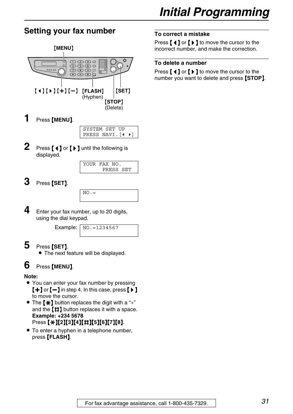 Initial programming, Setting your fax number | Panasonic KX-FB421 User Manual | Page 31 / 92