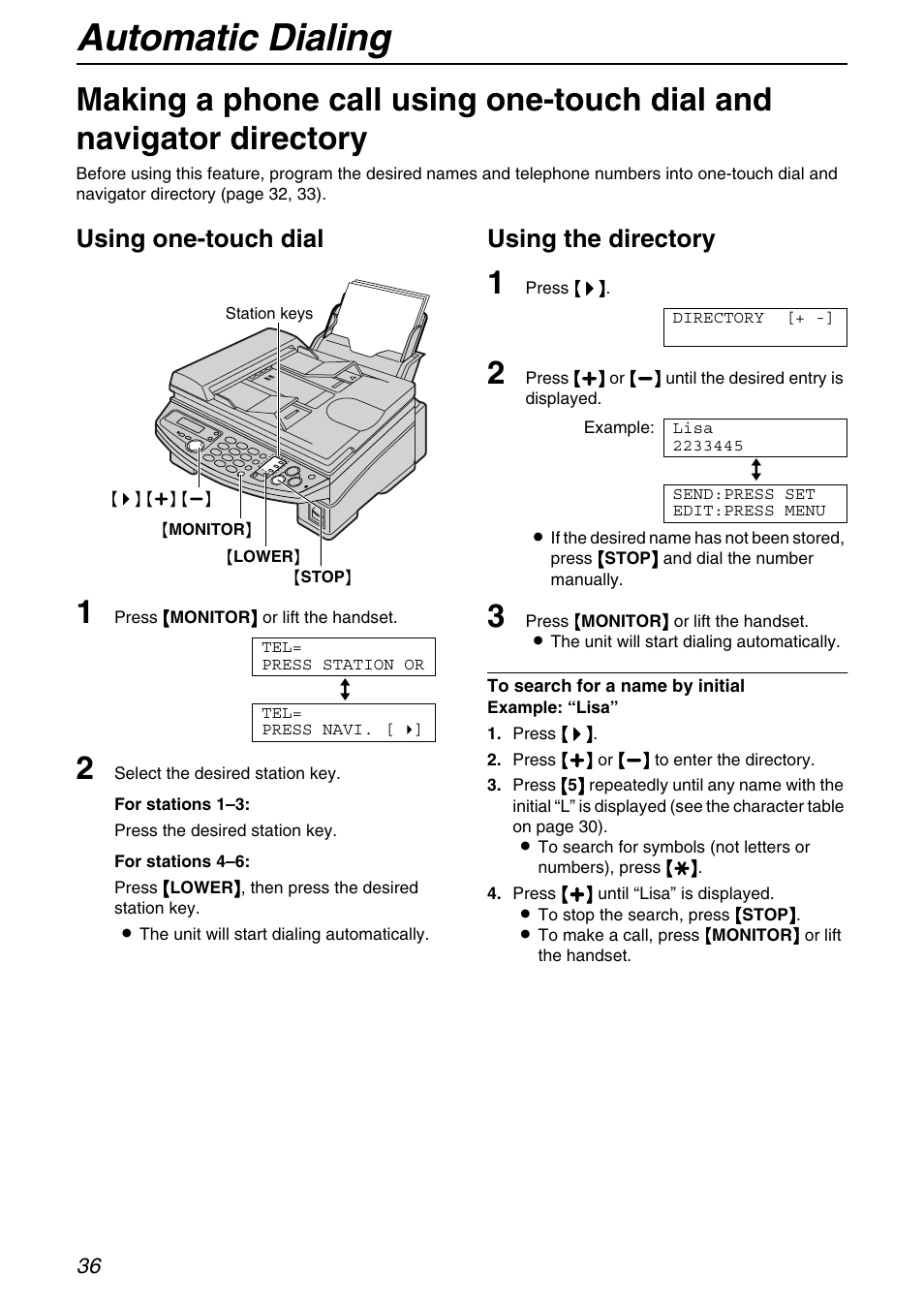 Automatic dialing, Using one-touch dial, Using the directory | Panasonic KX-FB421 User Manual | Page 36 / 92
