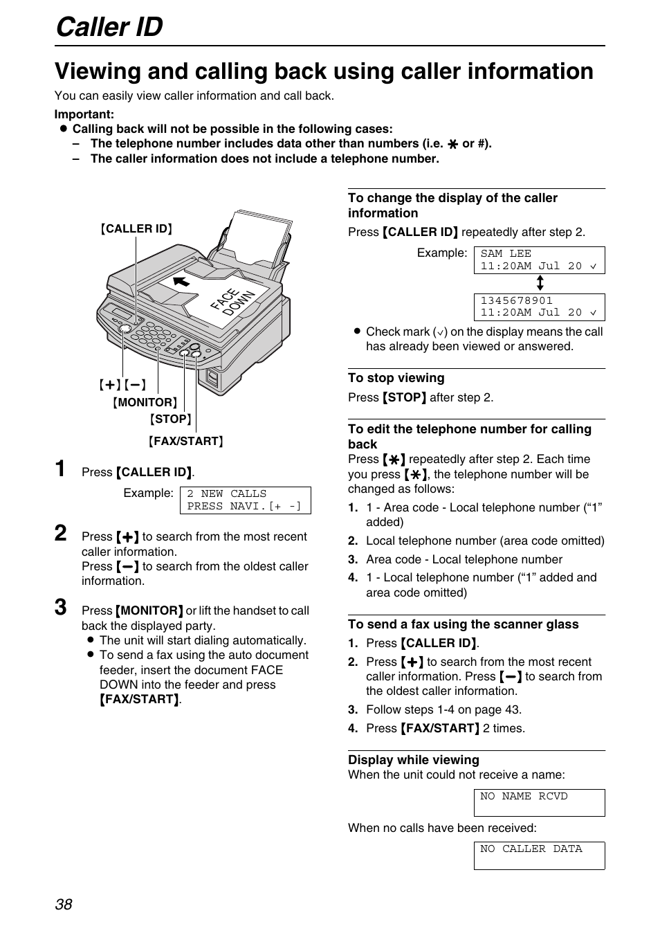 Caller id, Viewing and calling back using caller information | Panasonic KX-FB421 User Manual | Page 38 / 92