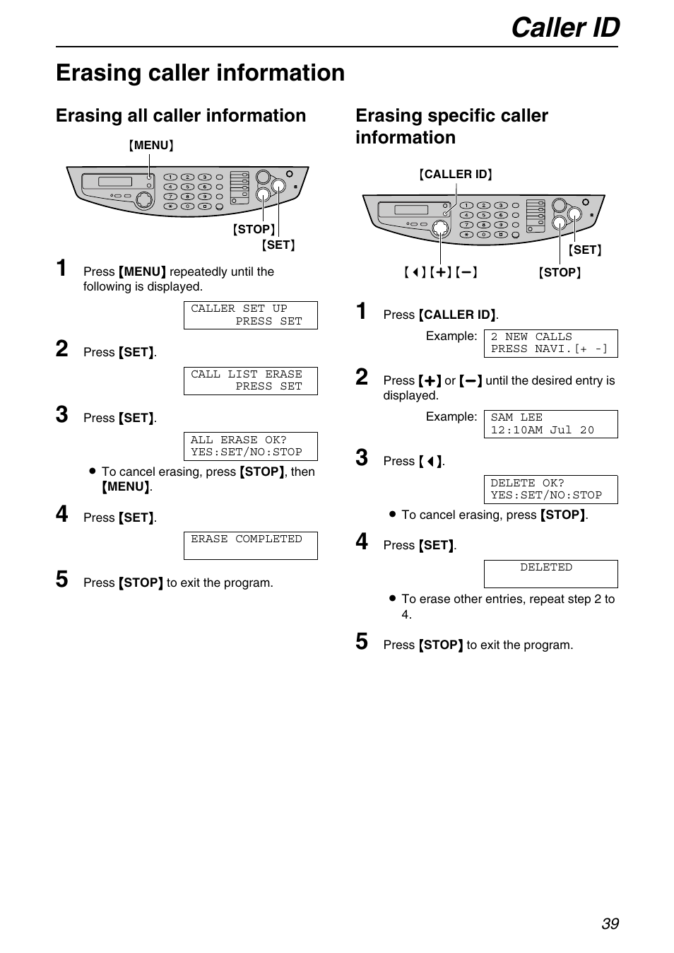 Caller id, Erasing caller information, Erasing all caller information | Erasing specific caller information | Panasonic KX-FB421 User Manual | Page 39 / 92