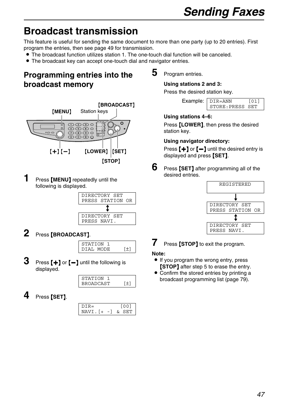 Sending faxes, Broadcast transmission | Panasonic KX-FB421 User Manual | Page 47 / 92