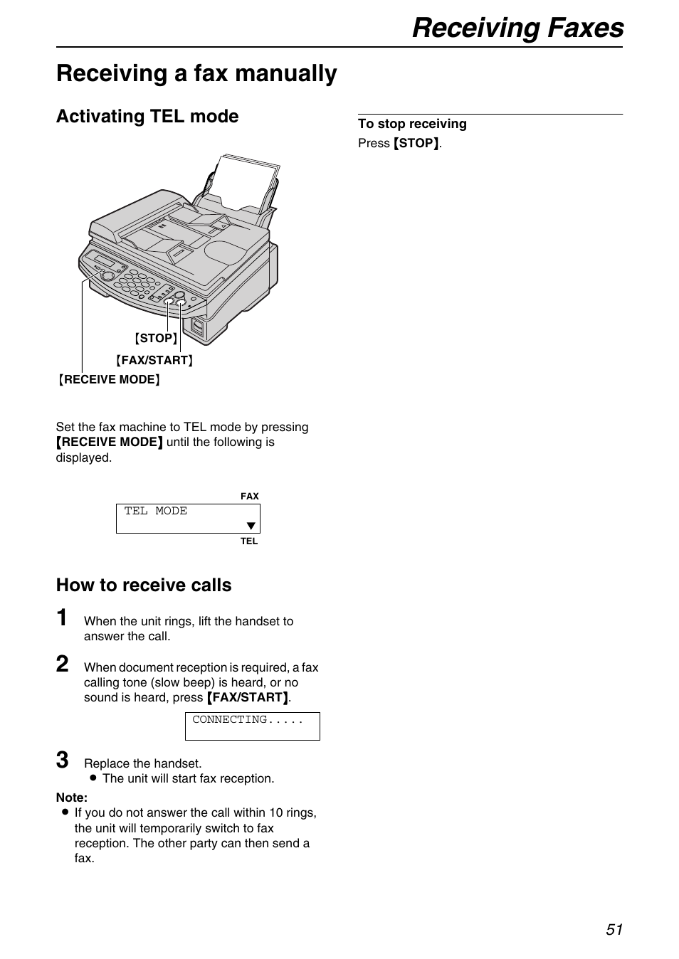Receiving faxes, Receiving a fax manually, Activating tel mode | How to receive calls | Panasonic KX-FB421 User Manual | Page 51 / 92