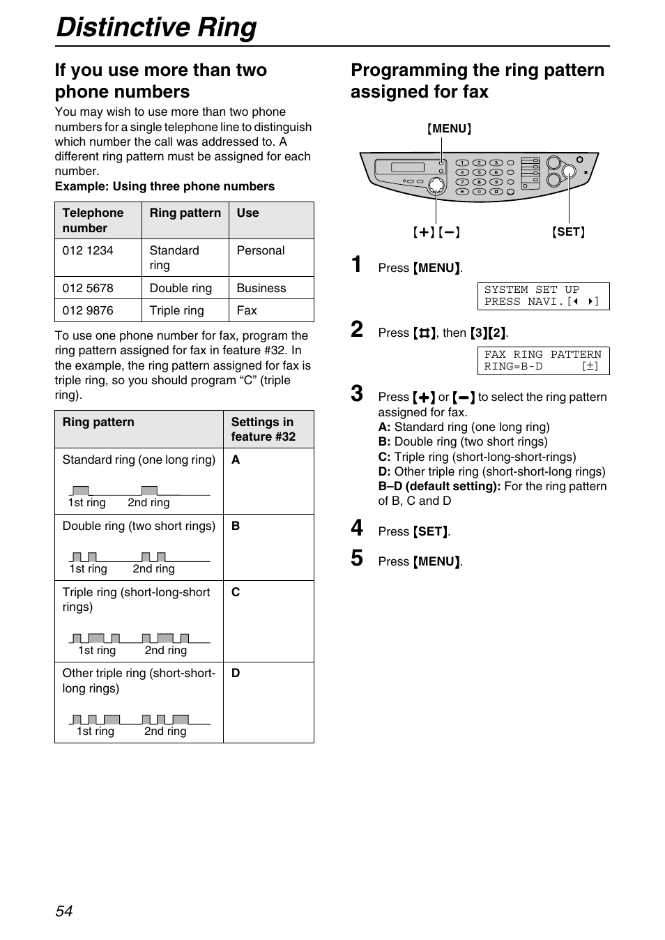 Distinctive ring, If you use more than two phone numbers, Programming the ring pattern assigned for fax | Panasonic KX-FB421 User Manual | Page 54 / 92