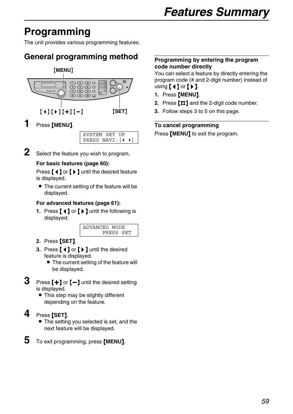 Programmable features, Features summary, Programming | General programming method | Panasonic KX-FB421 User Manual | Page 59 / 92