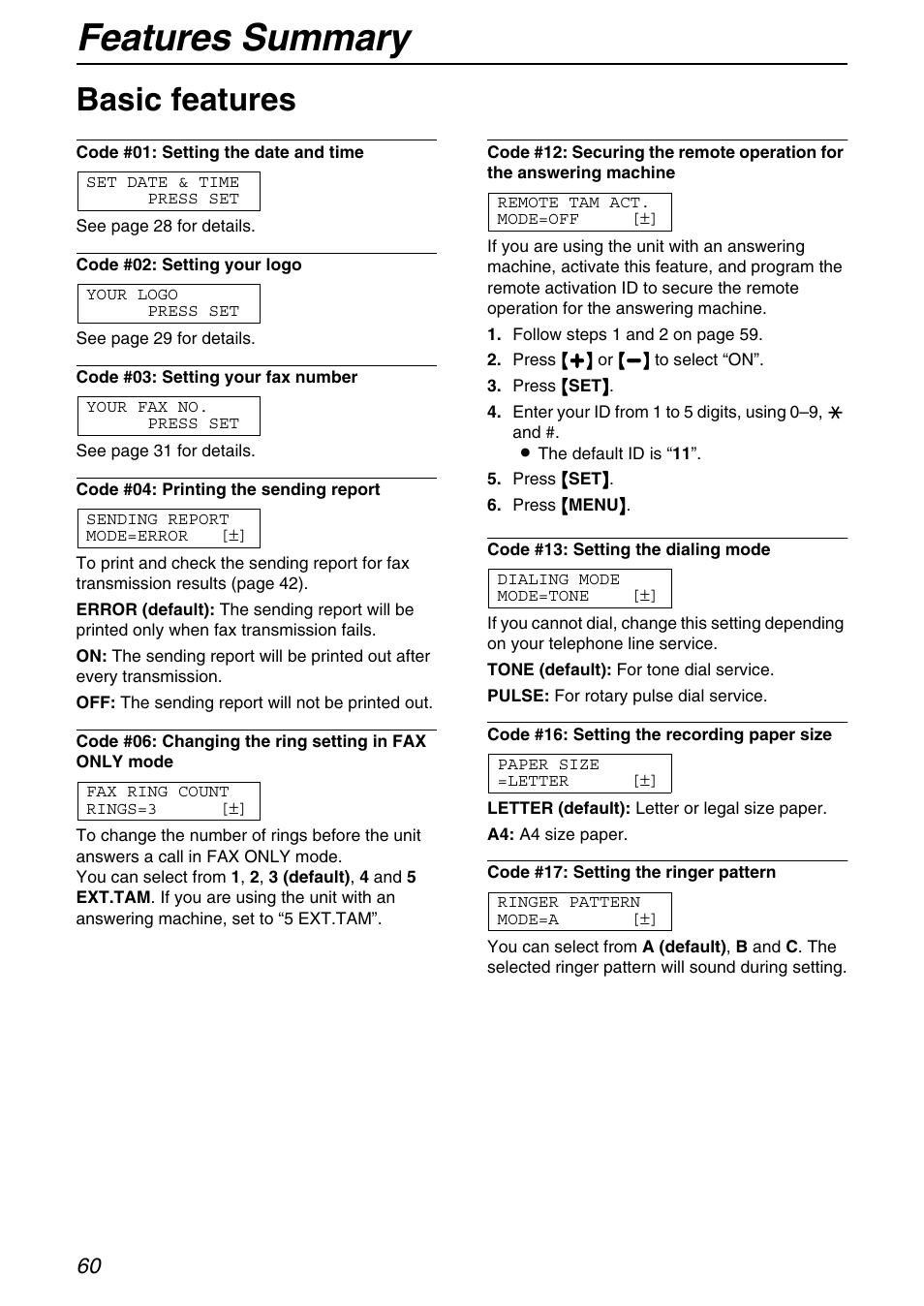 Features summary, Basic features | Panasonic KX-FB421 User Manual | Page 60 / 92