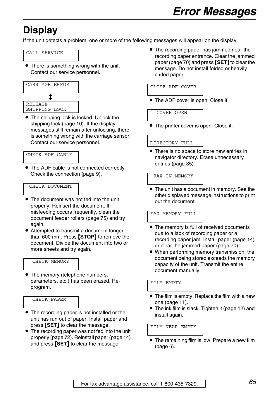 Error messages, Display | Panasonic KX-FB421 User Manual | Page 65 / 92