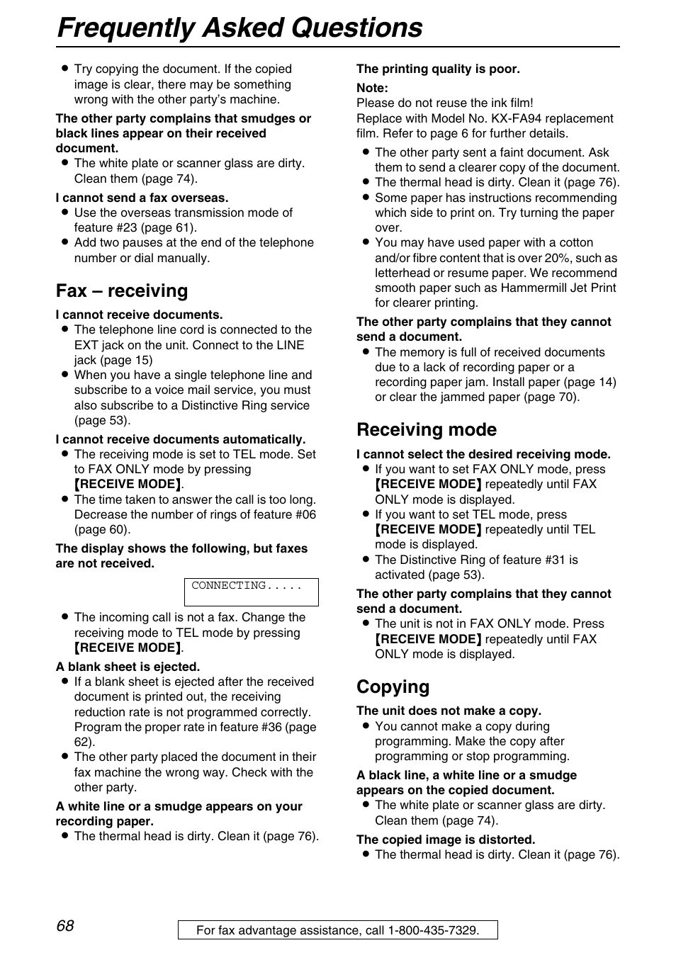 Frequently asked questions, Fax – receiving, Receiving mode | Copying | Panasonic KX-FB421 User Manual | Page 68 / 92