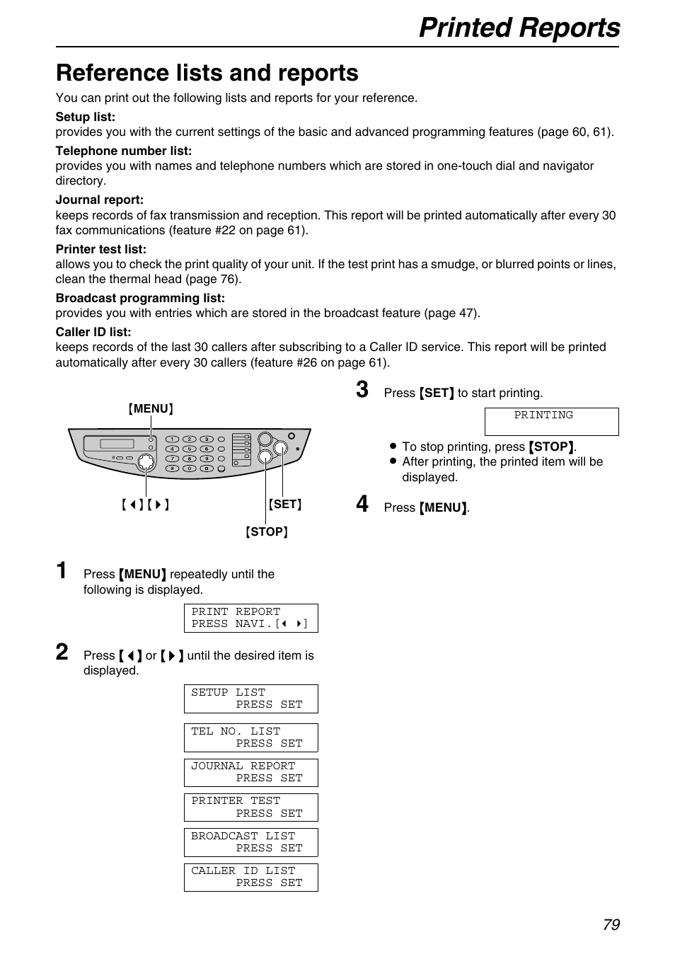 General information, Printed reports, Reference lists and reports | Panasonic KX-FB421 User Manual | Page 79 / 92