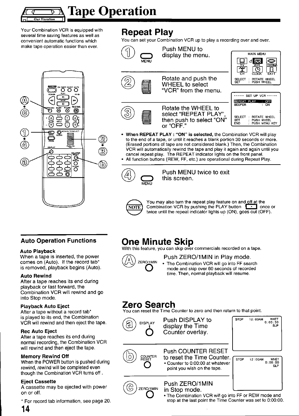 Repeat play, Auto operation functions, One minute skip | Zero search, Auto repeat function, Tape operation, 14 one minute skip, I o o o | Panasonic PV-M2036 User Manual | Page 14 / 28
