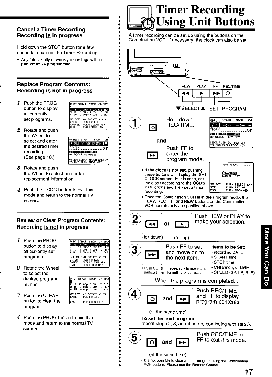 Timer recording using unit buttons, And i, Or push rew or play to make your selection | Push ff to set and move on to the next item, When the program is completed... and, Push recatime and ff to display program contents, And i ►► push rec/time and ff to exit this mode | Panasonic PV-M2036 User Manual | Page 17 / 28