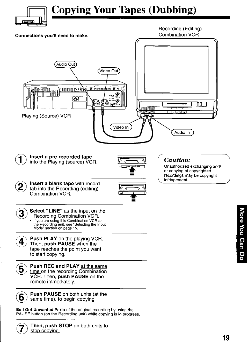 Copying your tapes (dubbing), Caution | Panasonic PV-M2036 User Manual | Page 19 / 28