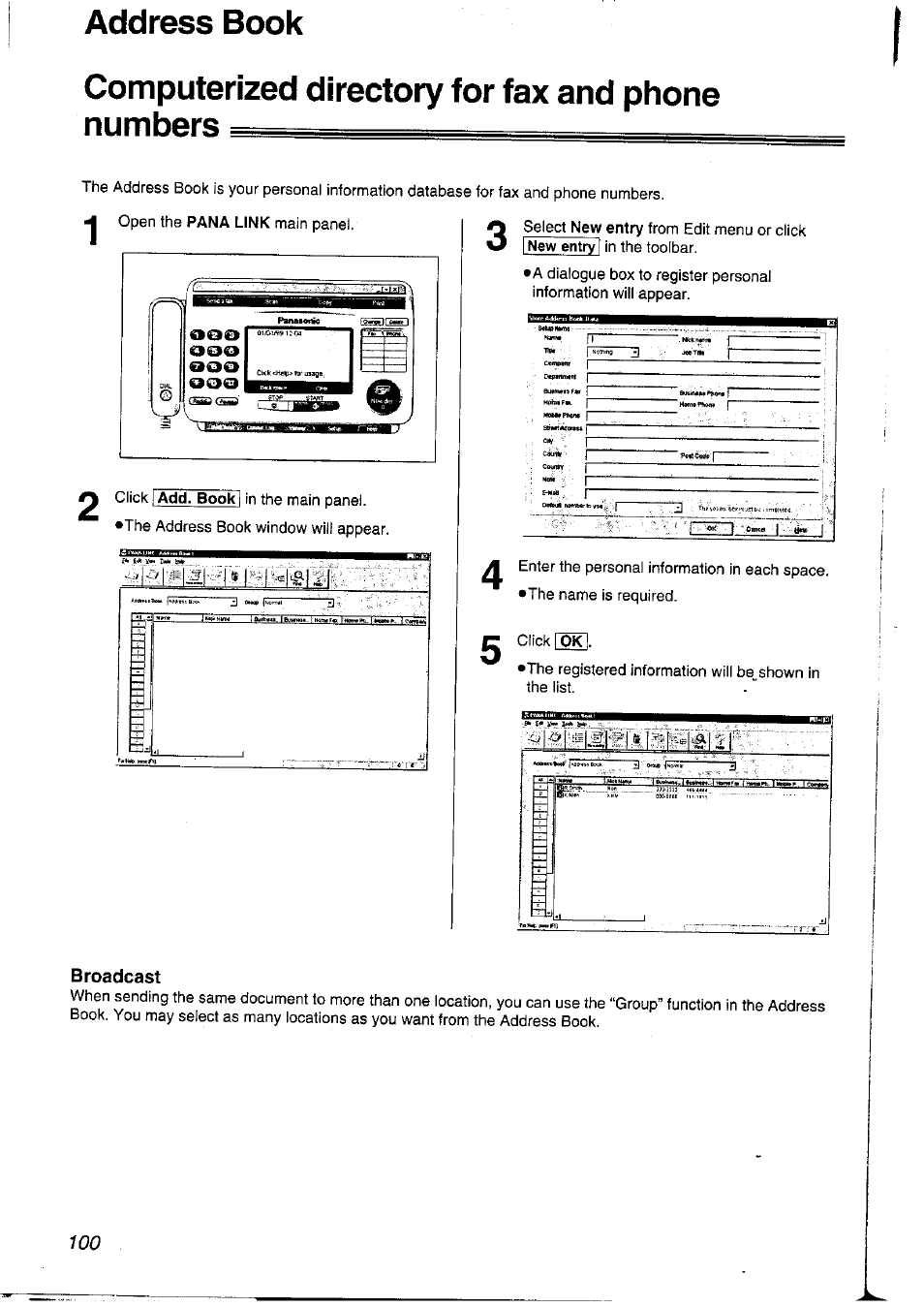 Address book, Computerized directory for fax and phone numbers, Broadcast | Panasonic KXFLM600NZ User Manual | Page 100 / 139