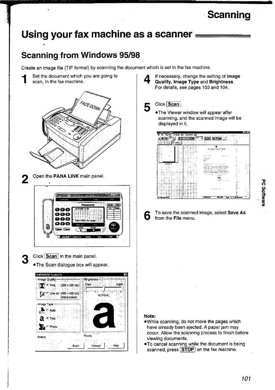 Using your fax machine as a scanner, Scanning from windows 95/98, Scanning using your fax machine as a scanner | Panasonic KXFLM600NZ User Manual | Page 101 / 139