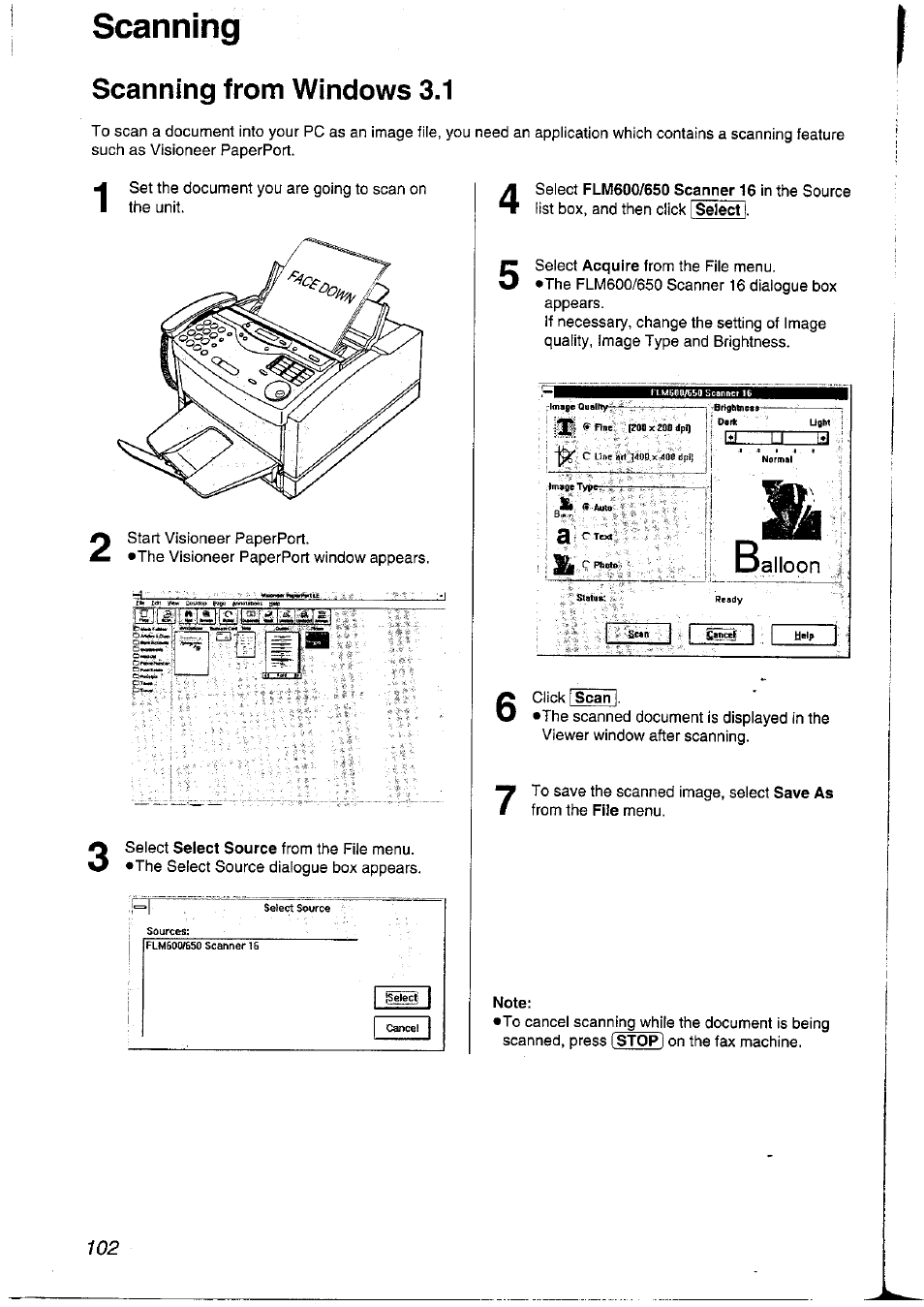 Scanning from windows 3.1, Scanning | Panasonic KXFLM600NZ User Manual | Page 102 / 139