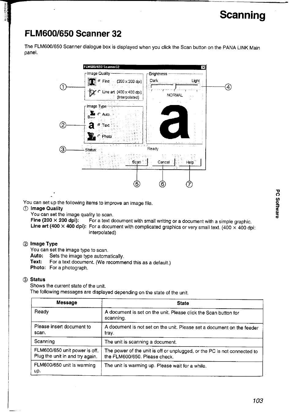 Scanning, Flm600/650 scanner 32 | Panasonic KXFLM600NZ User Manual | Page 103 / 139