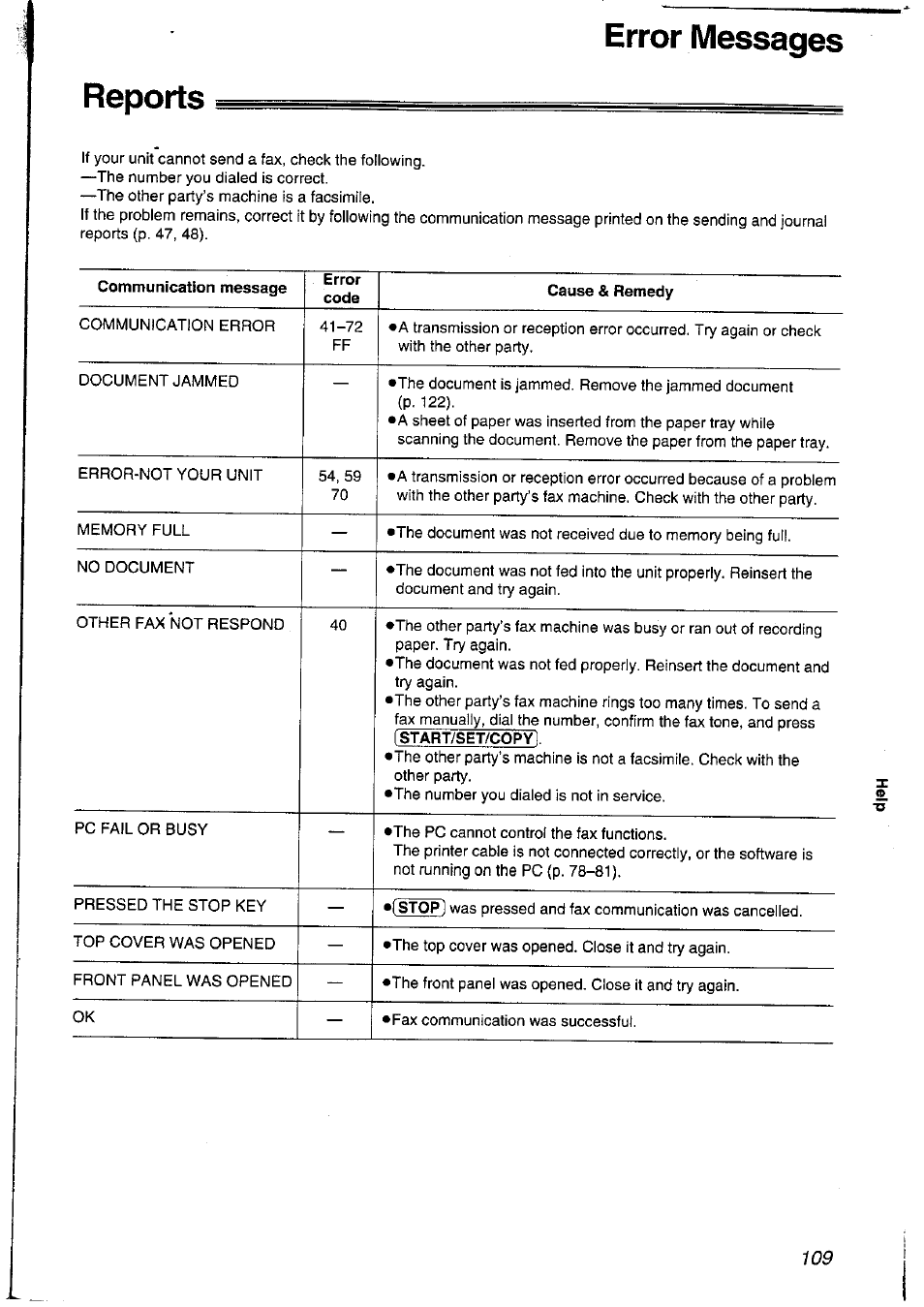 Reports, Error messages reports | Panasonic KXFLM600NZ User Manual | Page 109 / 139