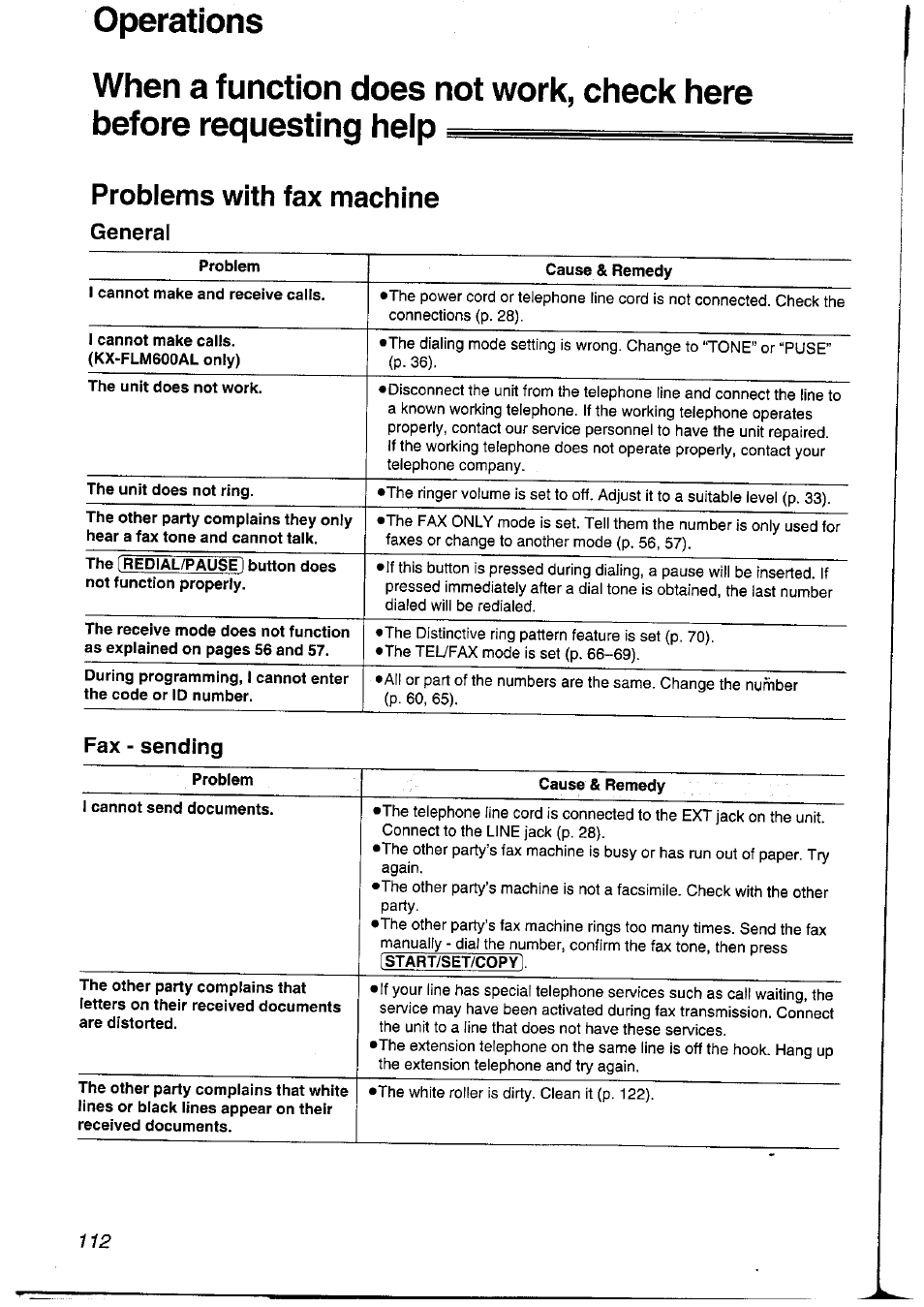 Problems with fax machine, General | Panasonic KXFLM600NZ User Manual | Page 112 / 139