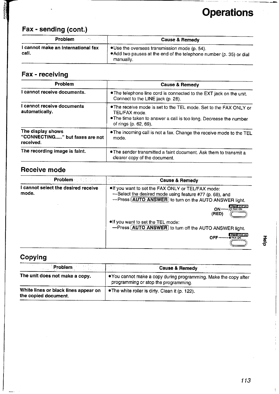 Fax - receiving, Receive mode, Problem | Cause & remedy, I cannot select the desired receive mode, Bueebl, Copying, Operations | Panasonic KXFLM600NZ User Manual | Page 113 / 139