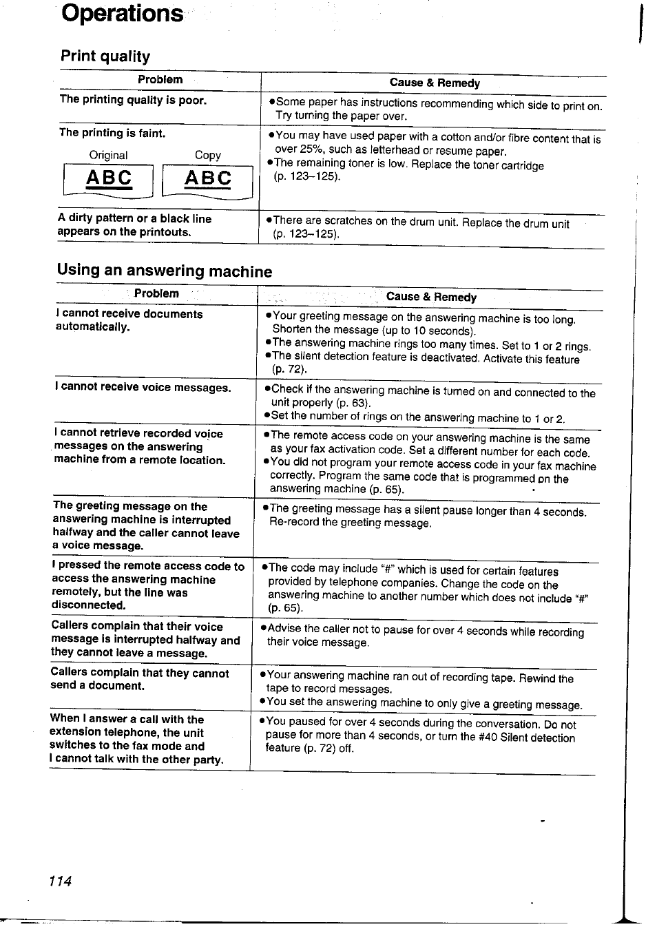 Print quality, Using an answering machine, Operations | Panasonic KXFLM600NZ User Manual | Page 114 / 139