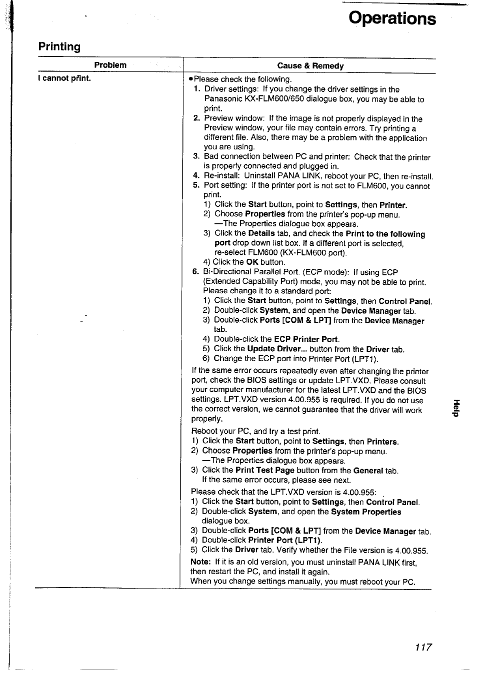 Printing, Problem, Cause & remedy | I cannot print, Operations | Panasonic KXFLM600NZ User Manual | Page 117 / 139