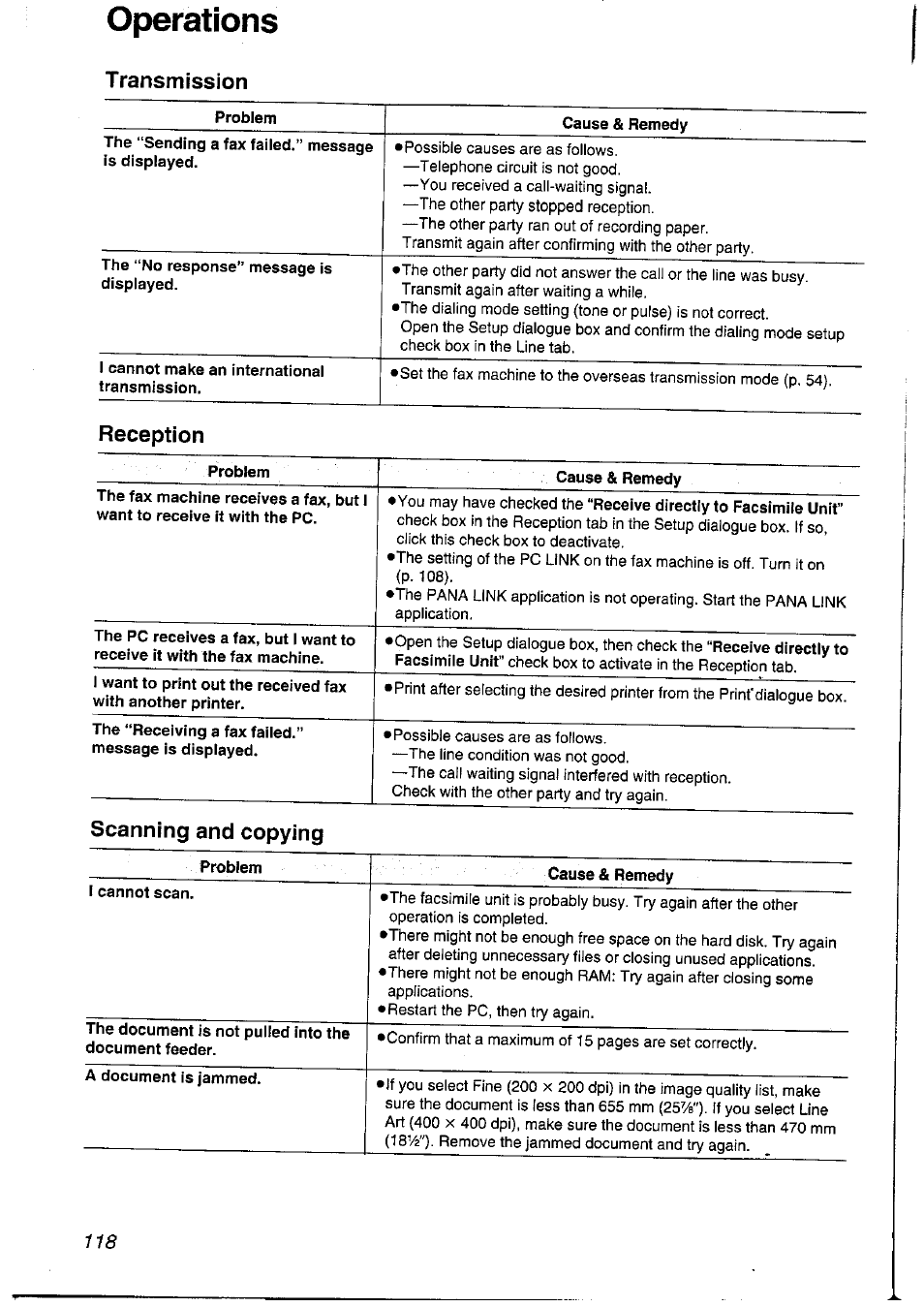 Transmission, Reception, Scanning and copying | Operations | Panasonic KXFLM600NZ User Manual | Page 118 / 139