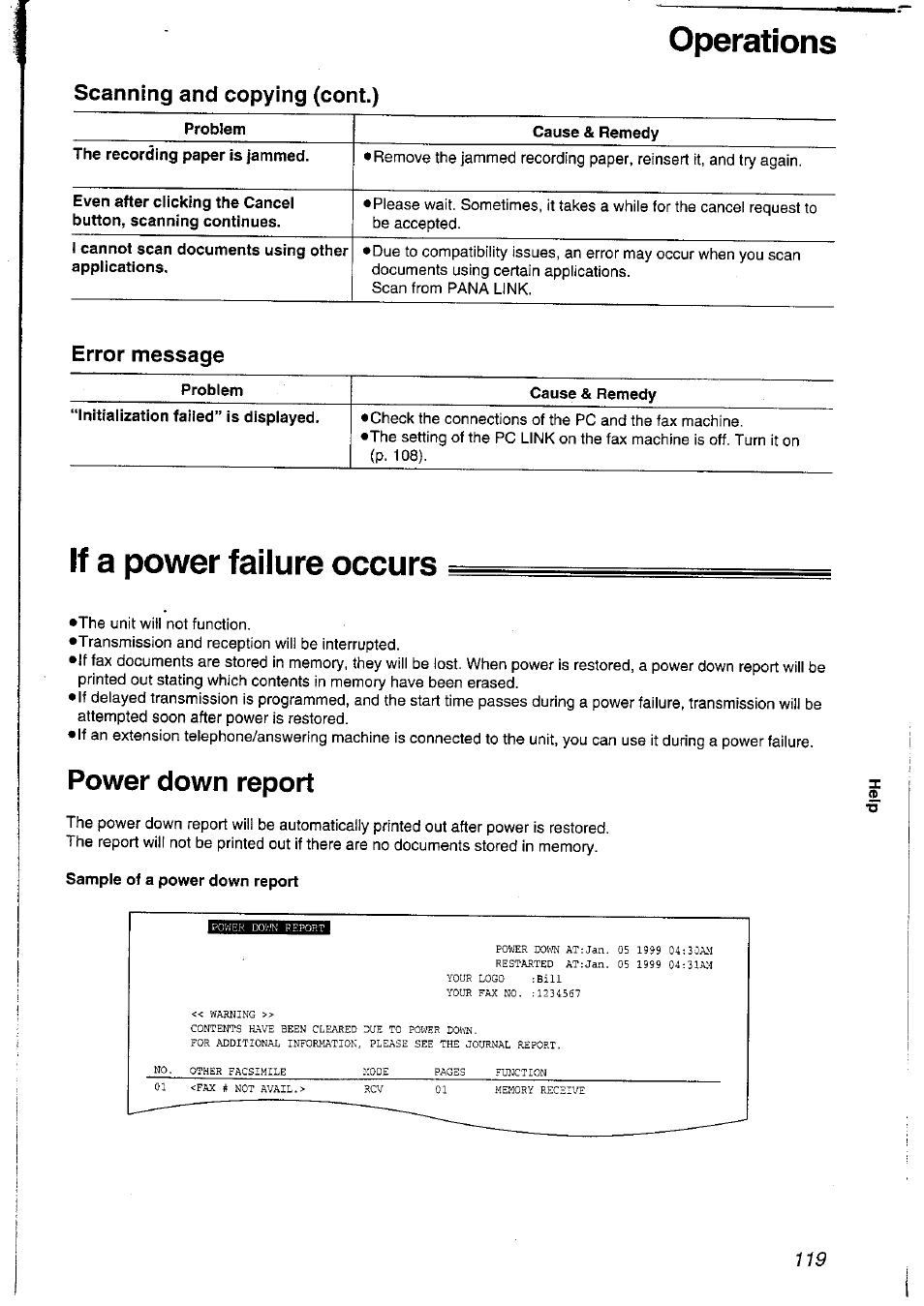 Scanning and copying (cont.), Error message, If a power failure occurs | Power down report, Sample of a power down report, Operations | Panasonic KXFLM600NZ User Manual | Page 119 / 139