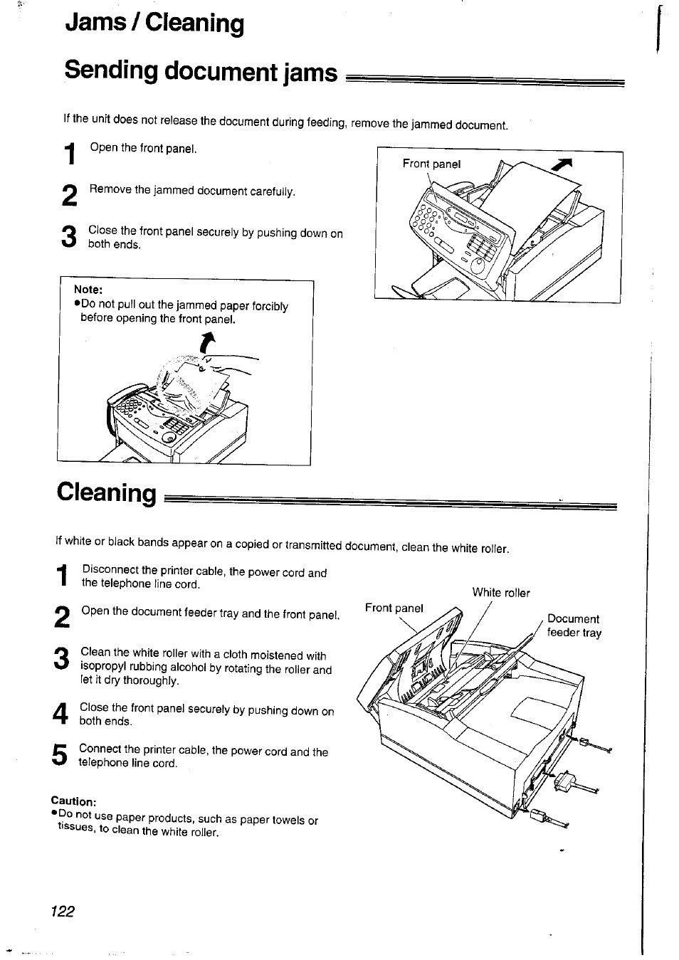 Jams / cleaning sending document jams, Note, Cleaning | Caution | Panasonic KXFLM600NZ User Manual | Page 122 / 139