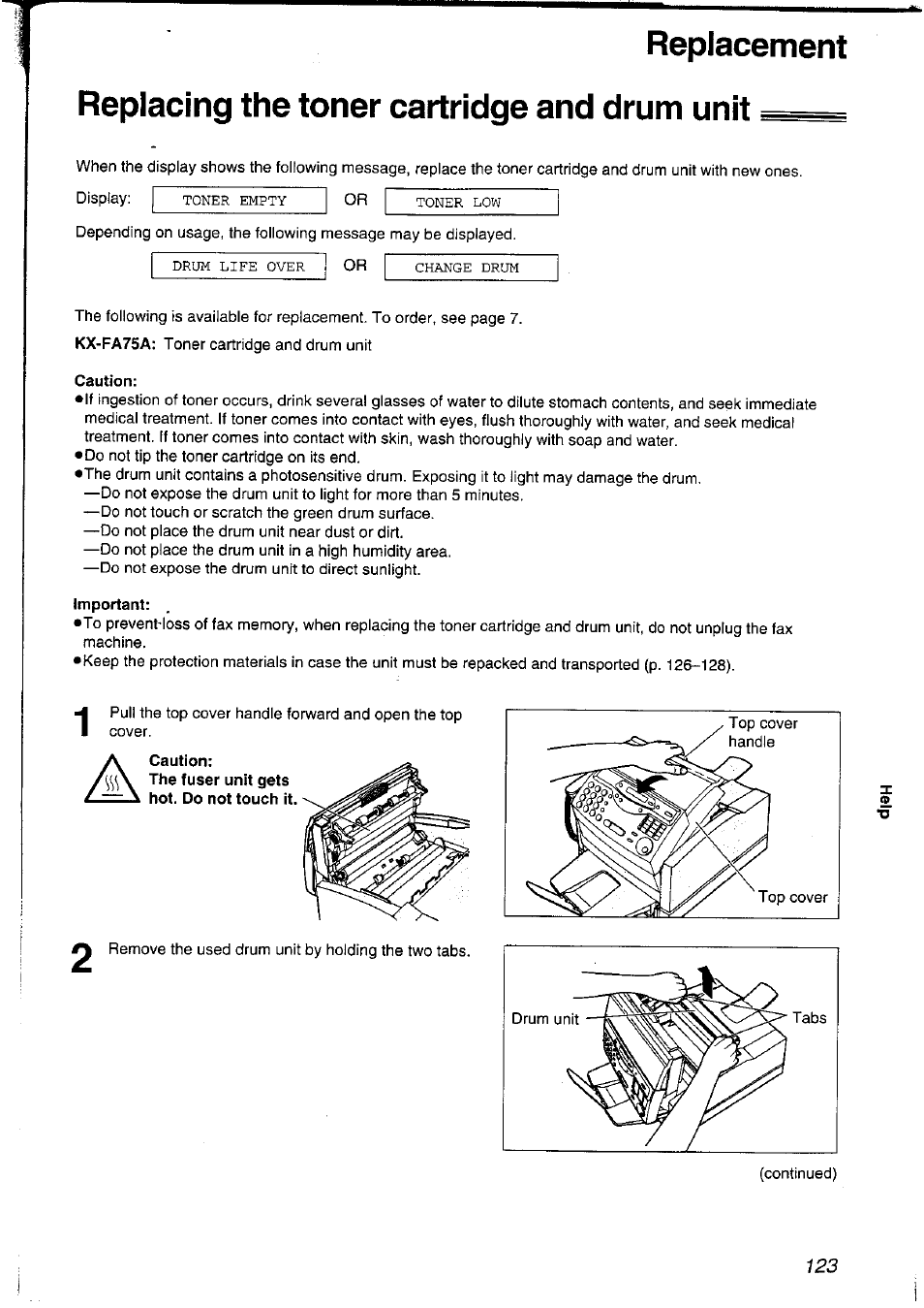 Replacing the toner cartridge and drum unit, Caution, Important | Panasonic KXFLM600NZ User Manual | Page 123 / 139