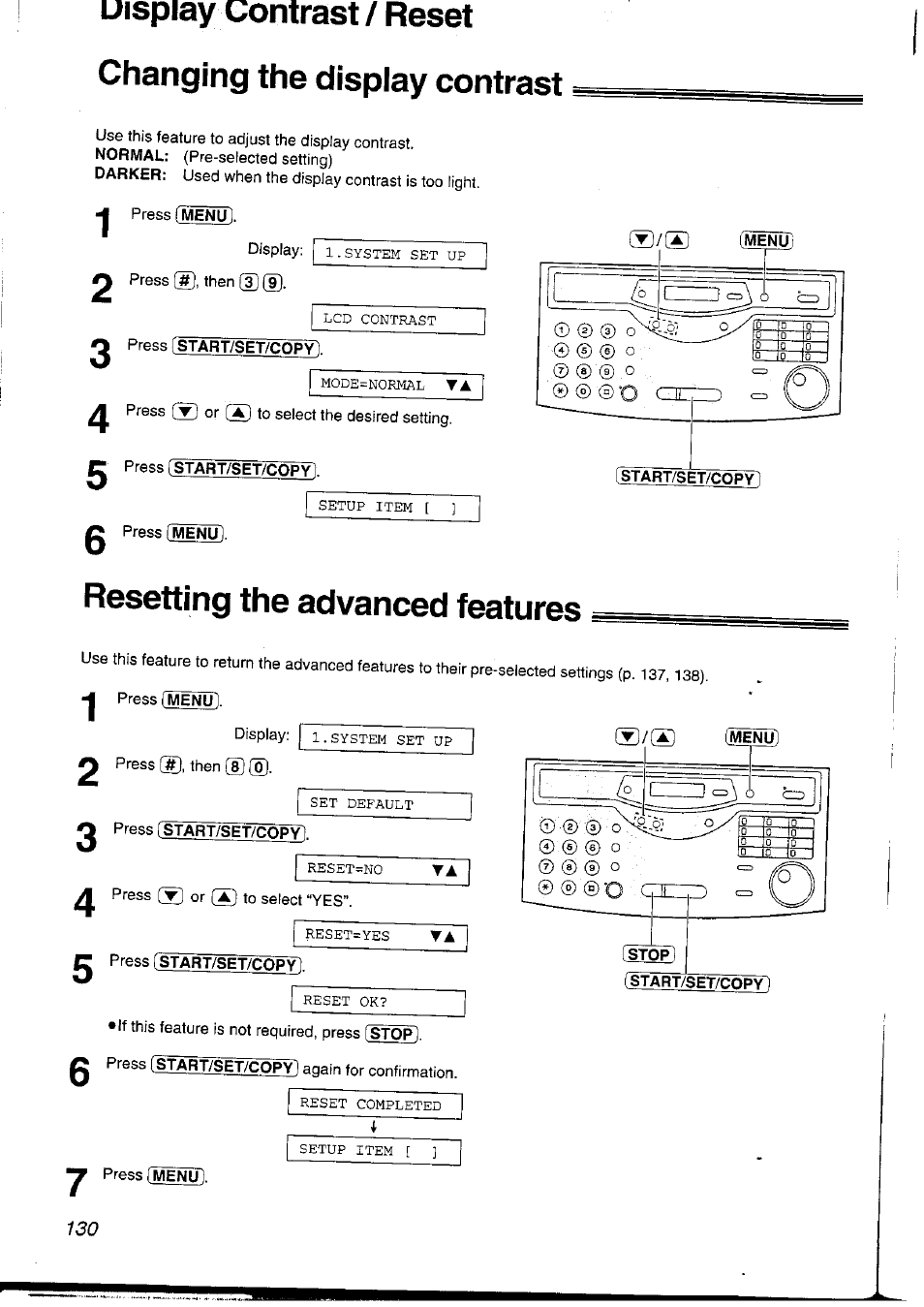 Press fstart/set/copyl, Resetting the advanced features, Press [menü | Press fstart/set/copy, Press istart/set/copyl | Panasonic KXFLM600NZ User Manual | Page 130 / 139