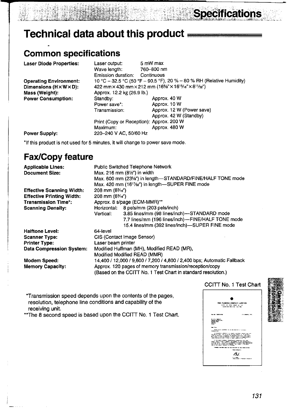 Common specifications, Power supply, Fax/copy feature | Applicable lines: document size, Halftone level, Modem speed | Panasonic KXFLM600NZ User Manual | Page 131 / 139